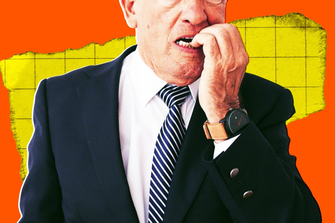 A photo illustration of a businessman biting his nails anxiously, representing the stress and tension of the AI industry's legal gray zone