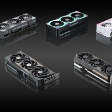 An array of Nvidia GeForce RTX graphics cards from brands like Gigabyte, GALAX, MSI, and PNY, featuring triple-fan designs on a reflective black surface.