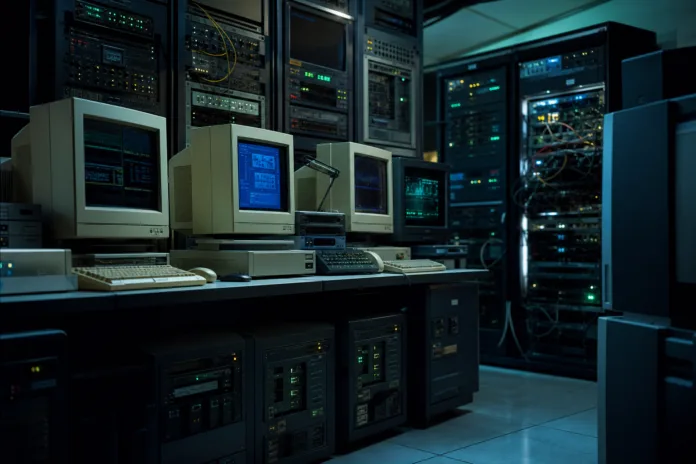 A wide shot of the Jurassic Park control room, showing multiple SGI and Macintosh workstations, with the iconic 3D file system on screen.