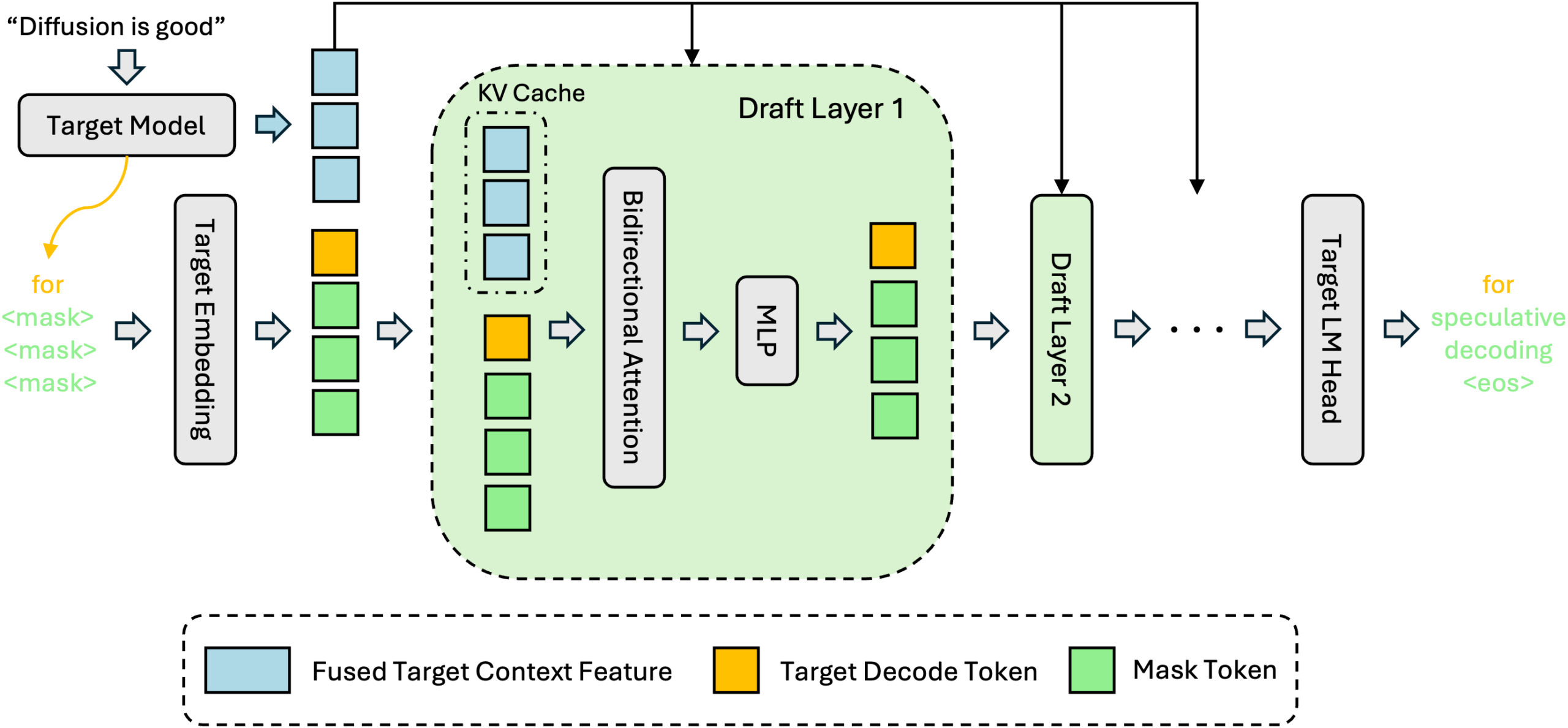 DFlash inference pipeline diagram showing hidden features from multiple target model layers fused and injected into the KV cache of every draft layer