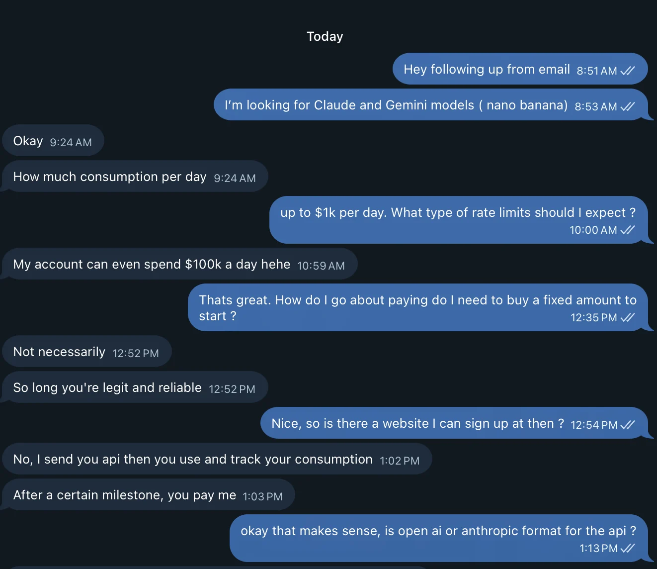 Screenshot of a chat with a token broker who says their account can spend $100k a day, sends an API endpoint rather than keys, and bills after a usage milestone