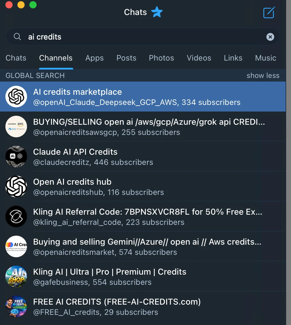 Screenshot of a Telegram search for 'ai credits' returning channels dedicated to buying and selling OpenAI, Claude, Gemini, Azure, and AWS credits, with a few hundred subscribers each