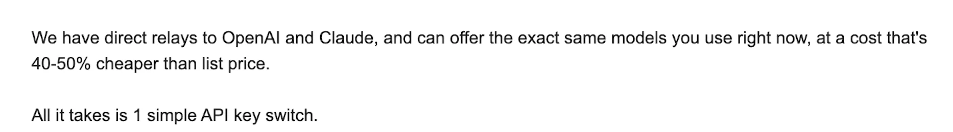 Screenshot of an inbound message offering direct relays to OpenAI and Claude at 40-50% cheaper than list price, requiring only a single API key switch