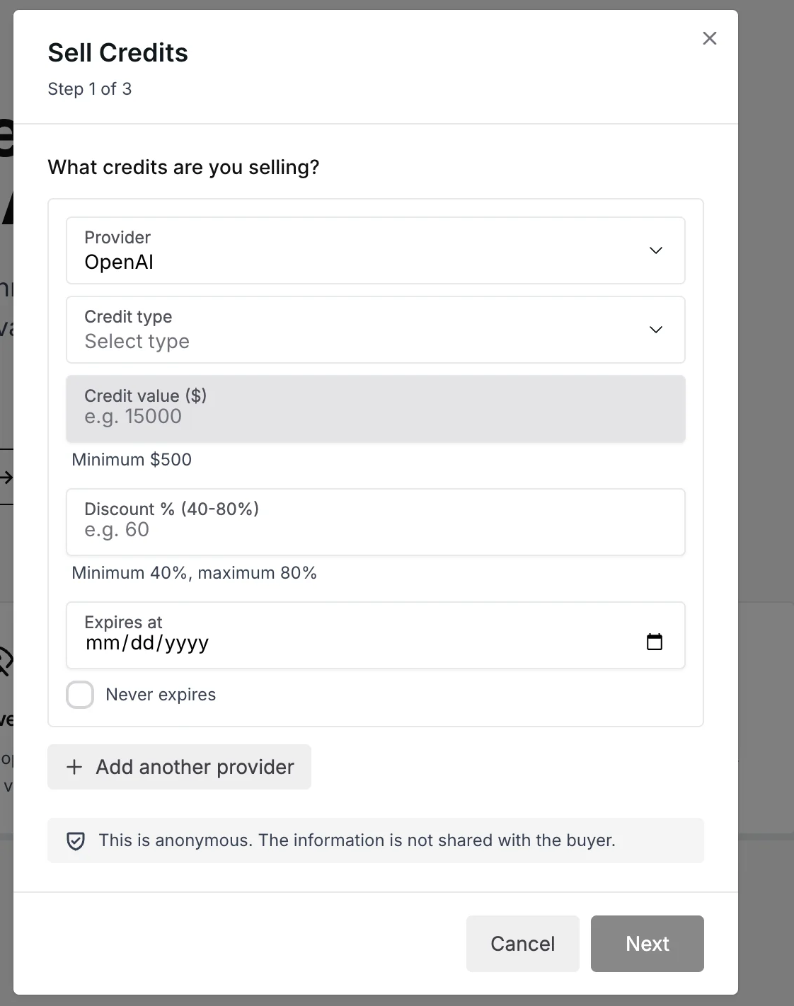Screenshot of the AI Credits Sell Credits form asking for provider, credit type, credit value, and a discount between 40 and 80 percent