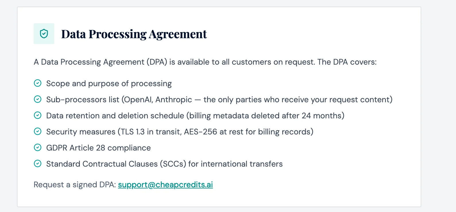 Screenshot of the CheapCredits Data Processing Agreement section, listing GDPR Article 28 compliance, Standard Contractual Clauses, and OpenAI and Anthropic as sub-processors