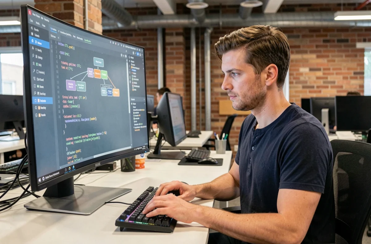 Software developer analyzing an ETL pipeline with XML data on a computer screen, comparing dlt and custom Python scripts