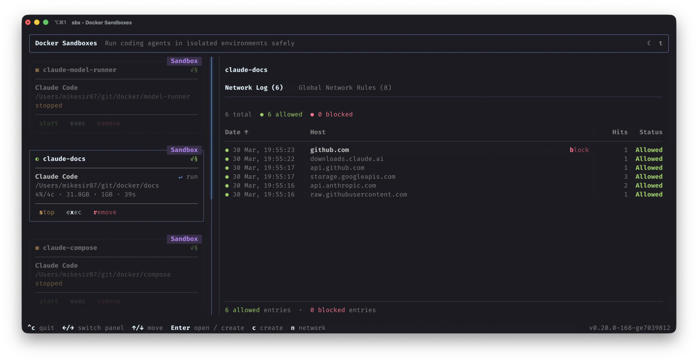 Docker sandbox workspace with AI agent running in isolated environment