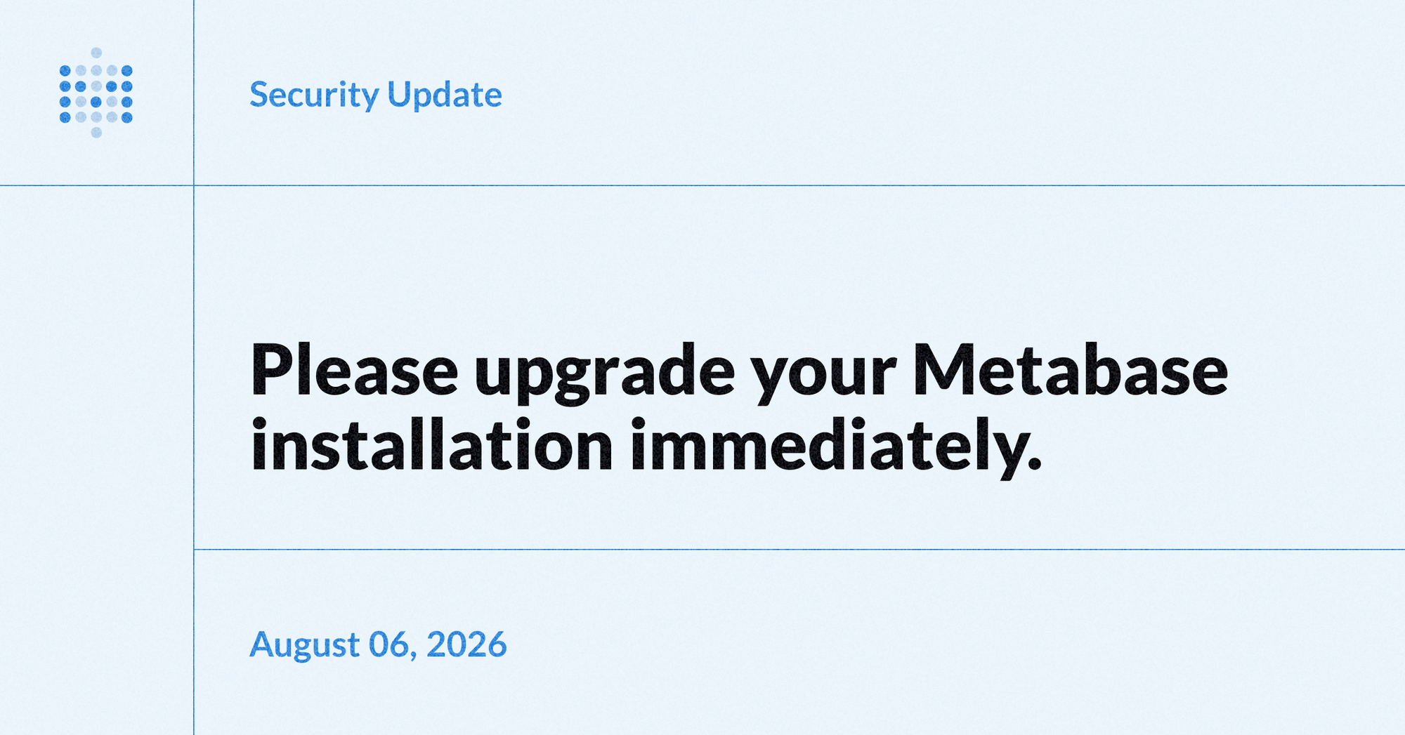 A digital illustration showing a Metabase screen with a red alert message about a security update and the text 'Upgrade now'.