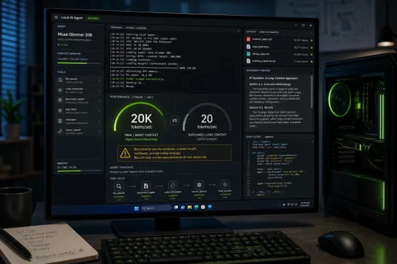 Desktop monitor displaying a local AI agent dashboard with long-context documents, performance metrics, tools, and code