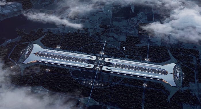 A rendering of SpaceX's planned Terafab chip factory, a massive complex of rectangular buildings connected by roadways.