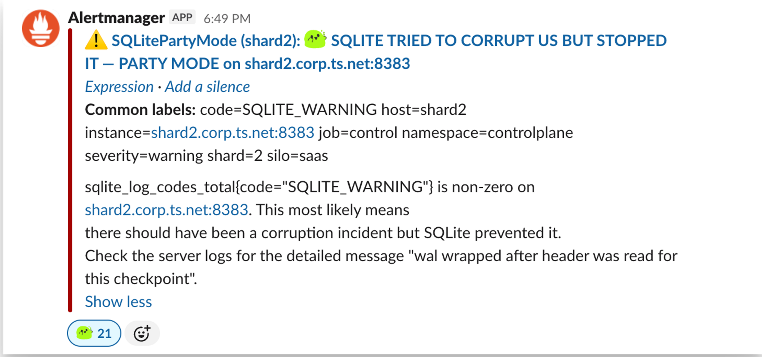 Alert Manager notification showing SQLitePartyMode warning: SQLite attempted corruption on shard2.corp.ts.net:8383 in party mode, but the system prevented it