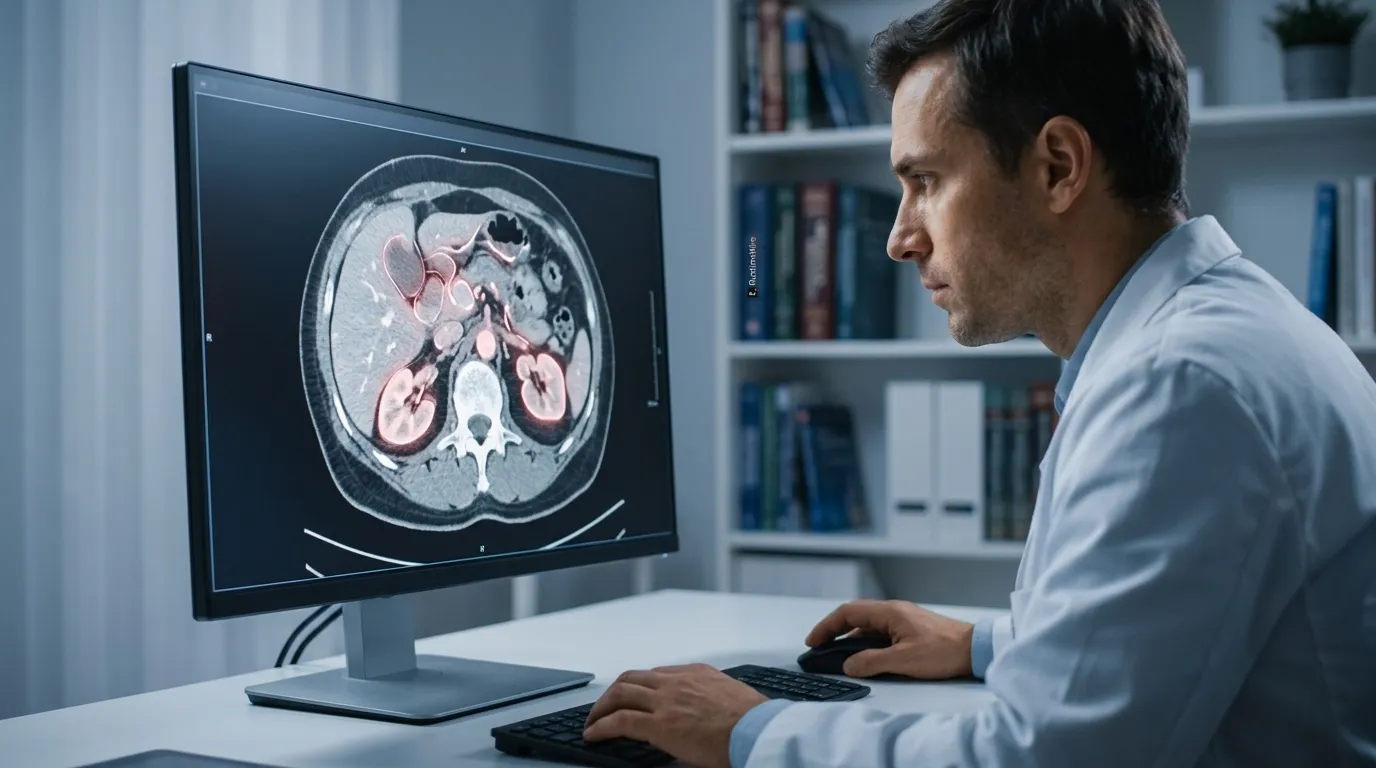 A focused radiologist views an abdominal CT scan on a monitor, which displays subtle highlights on internal organs.