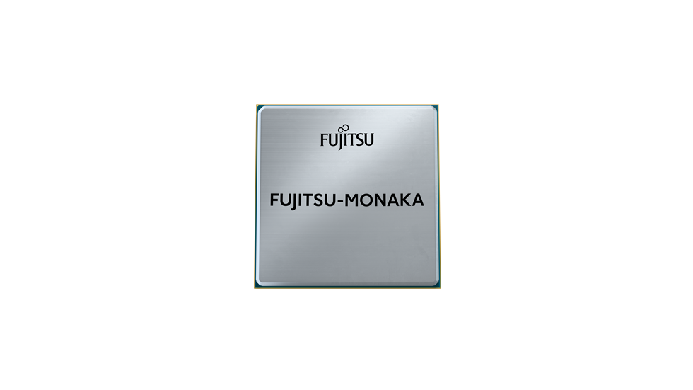 Close-up image of the FUJITSU-MONAKA CPU chip, showing its stacked 2nm and 5nm die architecture.