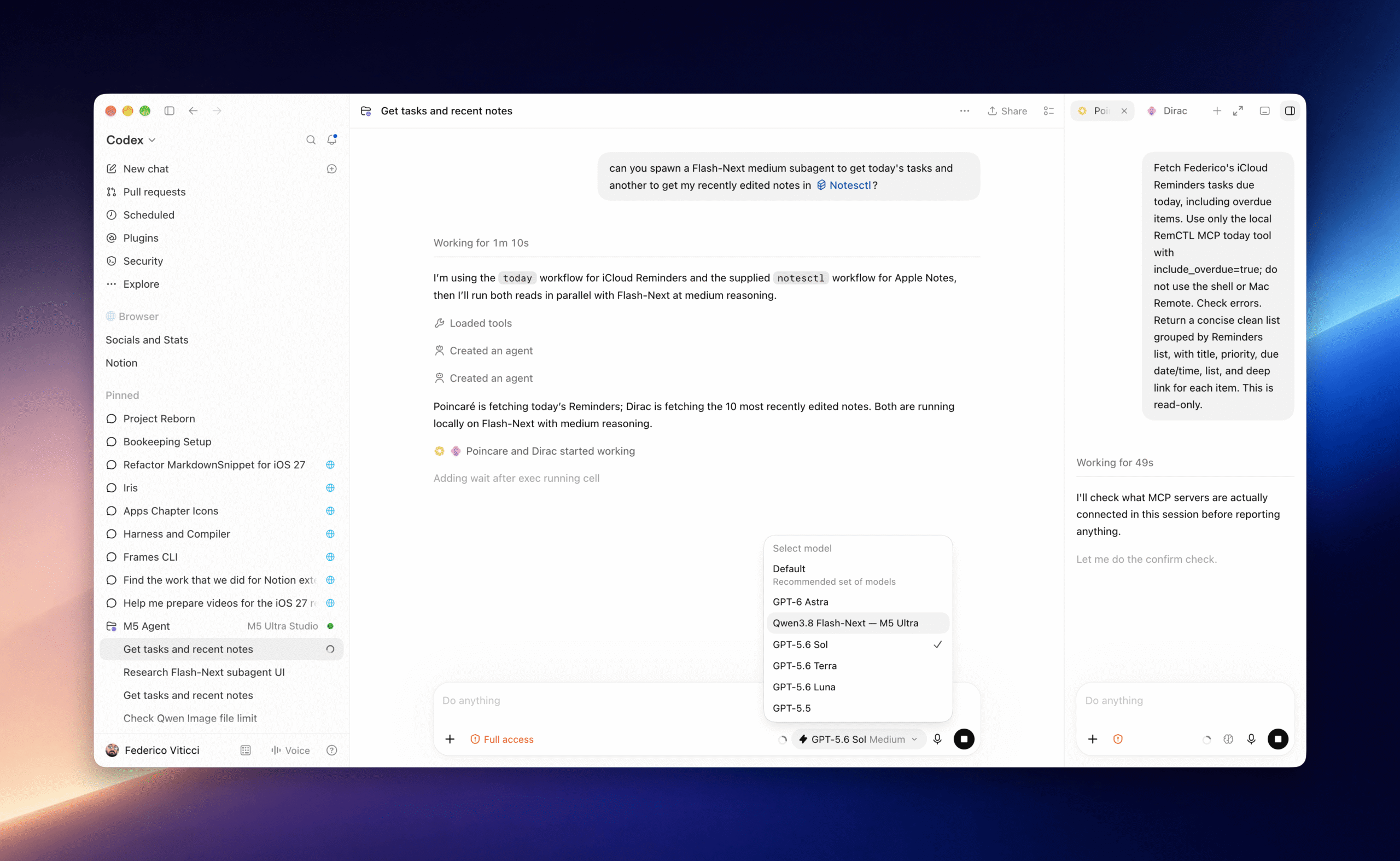 Local subagents running in Codex on the M5 Ultra Mac Studio, showing the agent workflow.