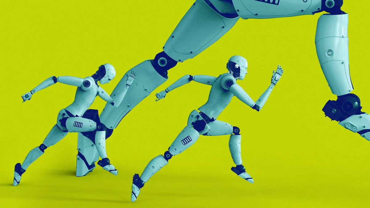 Illustration of small robots running next to one large robot, symbolizing the compact Qwen 4 model competing with larger AI systems
